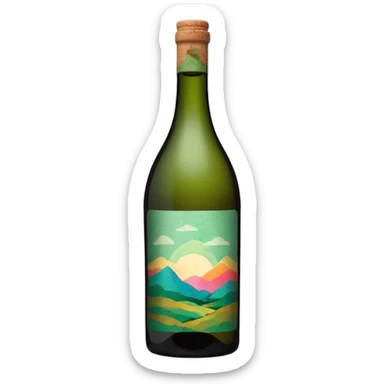 single isolated bottle of natural wine with muted psychedelic design on the label. bottle is isolated. no glass. sticker