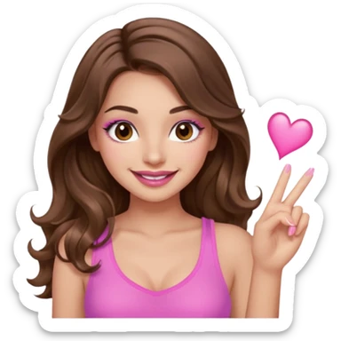 girl with long wavy brown hair, brown eyes, long lashes, sexy pink lips, light to medium complexion, wearing a pink sexy top, smiling, finger tips touching sticker