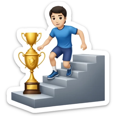 UN HOMBRE DE PIEL CLARA Y PELO OSCURO SUBIENDO ESCALERAS PARA ALCANZAR UN TROFEO QUE ESTA EN EL ULTIMO ESCALON sticker