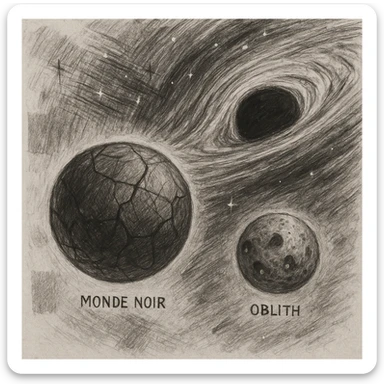 hand drawn map of dark back ward -“A dark cosmic region orbiting a massive black hole. No sunlight. A dead solar system with twisted planets and moons circling in silence. Monde Noir looms in the foreground — a cracked, obsidian planet with no atmosphere. Its moon, Oblieth, floats nearby, scarred and pitted, with faint green lights glowing from within cave openings. Stars are distorted and streaked by gravitational lensing. The entire scene is heavy, quiet, and surreal.” sticker