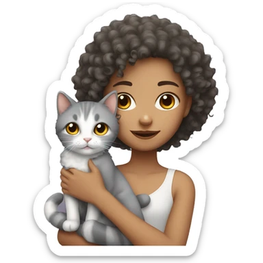 Curly haired girl with a grey and white cat sticker