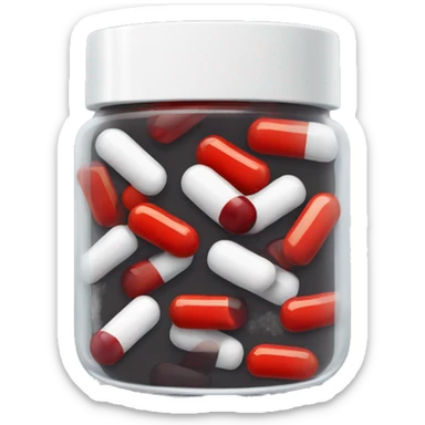 dark tinted supplement jar with pills that are half white and half red inside sticker