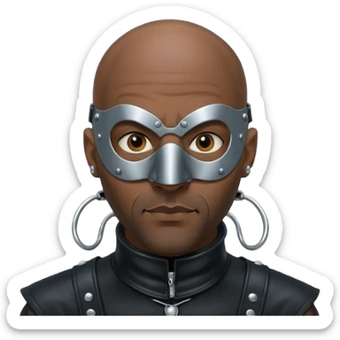 Dark guy wearing leather. Leather mask and heavy steel collar. Also bald wit a little stubble. Nose and ears pierced sticker