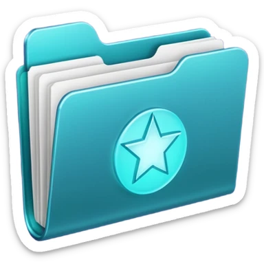 A minimalist glowing folder icon floating on a soft beige background, with subtle purple and teal lighting. The folder is slightly open, and a gentle magical light glows from inside — representing creativity and mystery. sticker
