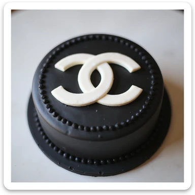 photorealistic round cake with a large edible Chanel logo on top, black and white theme, no background sticker