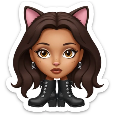 A sexy, super pretty bratz girl with caramel skin. Dark brown hair and brown eyes. She has freckles. Wearing sexy makeup. Dressed as a sexy cat with tall black boots on sticker