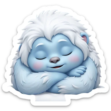Meme-Worthy Cute Sleeping Yeti Portrait Emoji, with a charming, fluffy, snow-dusted figure in gentle whites and cool blues, head resting in blissful, serene slumber with closed, peaceful eyes and a small, contented smile, simplified yet irresistibly adorable, highly detailed with a soft frosty outline that captures the tender drowsiness of a yeti drifting into snowy dreams! sticker