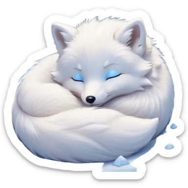 Meme-Worthy Cute Sleeping Arctic Fox Portrait Emoji, Head resting peacefully with a contented smile, showcasing a compact, agile build and a luxuriously soft white Fur with delicate icy blue accents, eyes shut in a serene, restful nap, Simplified yet hilariously adorable features, highly detailed, glowing with a soft, drowsy light, high shine, relaxed and utterly lovable, stylized with an air of playful laziness, bright and heartwarming, soft glowing outline, capturing the essence of a comically sleepy arctic fox, so meme-worthy it feels like it could instantly become the next viral sensation of adorable slumber! sticker