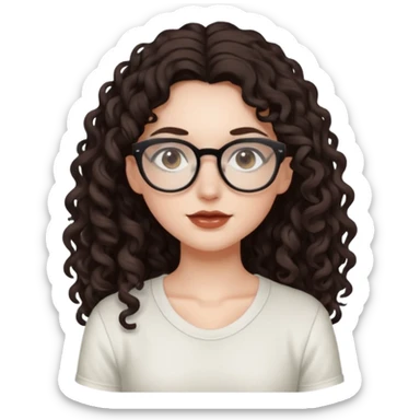 aesthetic white girl with dark brown, long curly hair, she wears an offwhite top and wears glasses and her eyes are black sticker