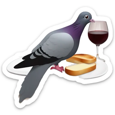 Pigeon with a PSG football club haa red wine glass and lying on a ham and butter baguette sandwich sticker