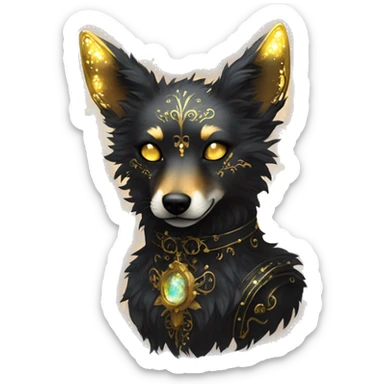 Black iridescent fluffy dog fox head zombie skeleton gold mechanical nebula galaxy stars flowers fairy lights vintage sticker