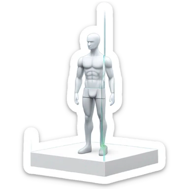 male mannequin abs cubes inside a glass cube on a stand isometric view sticker