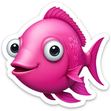 extremely derpy bright pink fish in perfect side profile facing right, but with both googly eyes comically visible and looking at viewer, stupid expression, flat 2D side view, very silly and goofy sticker