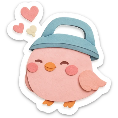 chibi electric iron-bird hybrid, puffing steam hearts, blushing, soft pastel pink, full-body sticker