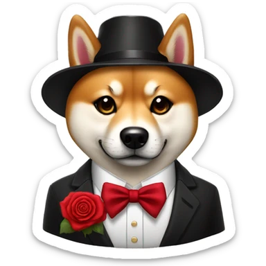 un shiba godfather avec une rose rouge sur le costume sticker