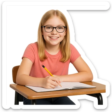 6th grade girl with blonde hair and glasses, sitting at a desk sticker
