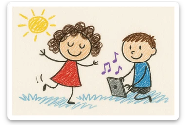 A 4-year-old girl with brown curly hair dancing while her 6-year-old brother plays music on an iPad, in children's doodle style sticker