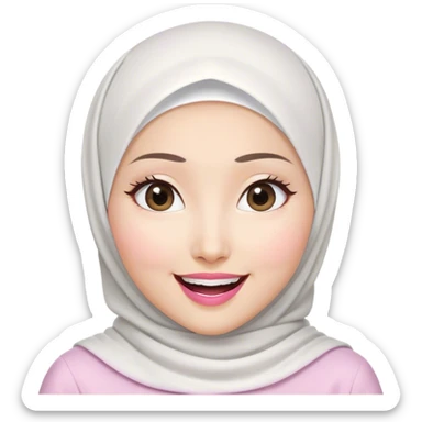 Asian white woman hijab, her hijab color are white, her face is small oval, her face is firm, her lips are pink, her eyes are shining, her face looks happy and excited, her eyes are also smiling, her outfit color are white sticker
