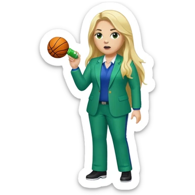 Full Body white plus size female basketball head coach using a whistle with long blonde hair in a blue and green suit sticker