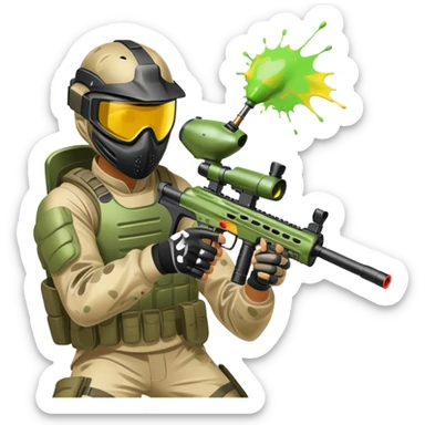 A paintball player in full gear, aiming a paintball gun with focus and determination. The scene includes vibrant splashes of paint and a dynamic battlefield setting, emphasizing action, strategy, and teamwork in a competitive environment sticker