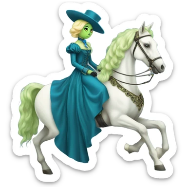 "galora green blonde alien woman" in blue Victorian dress elegant, full body, on white horse sticker