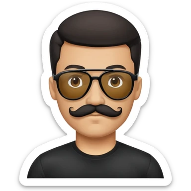 Man with handlebar moustache, black aviators, and a black T-Shirt sticker