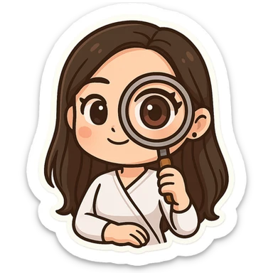 Create a chibi sticker of the girl from the previous successful bitmoji chibi stickers, looking at us through a magnifying glass, with part of her face and eye enlarged in the glass. She has long hair, the same face and style, with a white outline and transparent background. sticker