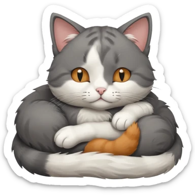 dark grey and white small cat with his eyes closed, leaning his head on his paw while leaning on his elbow lying down sticker