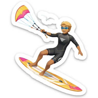 An athlete in a wetsuit riding a kiteboard, soaring over the sea waves with the kite high in the sky. The background features a vibrant blue sky and crashing ocean waves, capturing the thrill and freedom of kitesurfing in dynamic motion. sticker
