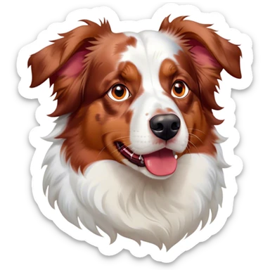 Cinematic Noble Predominantly White Red Merle Australian Shepherd Portrait Emoji, Poised and regal, with a strong, agile build and a stunning predominantly white coat with splashes of red merle, piercing blue eyes, Simplified yet sharp and sophisticated features, highly detailed, glowing with a soft, dignified glow, high shine, intelligent and loyal, stylized with an air of elegance, focused and attentive, soft glowing outline, capturing the essence of a watchful and confident herder, so majestic it feels as though it could step out of the screen with effortless authority! sticker