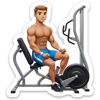 A focused athlete working out on a strength training machine in a modern gym. Muscles engaged, expression determined, demonstrating power and endurance. The gym is filled with equipment like dumbbells, barbells, and mirrors reflecting effort, creating a high-energy atmosphere. sticker