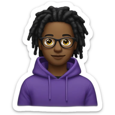 Single young Black digital creator with glasses and black locs and purple sweatshirt sticker