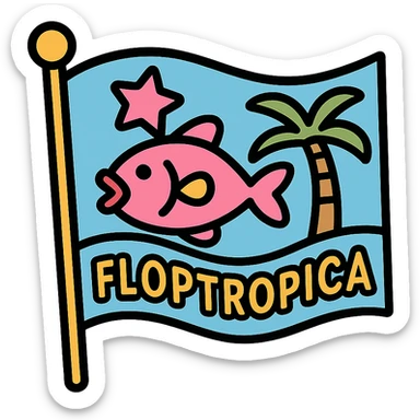 flag on a stick with a whimsical, fictional 'Floptropica' design, colorful and playful sticker