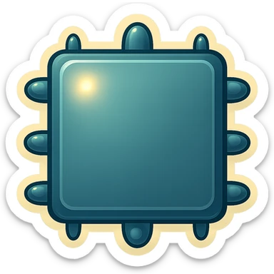 Edit the metal slab to have exactly 4 round, short, fat spikes on each side edge (not the corners), all pointing directly out from each edge, head-on view, in retro sticker style with transparent background. sticker