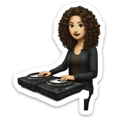 White woman with long dark brown curly hair DJing sticker