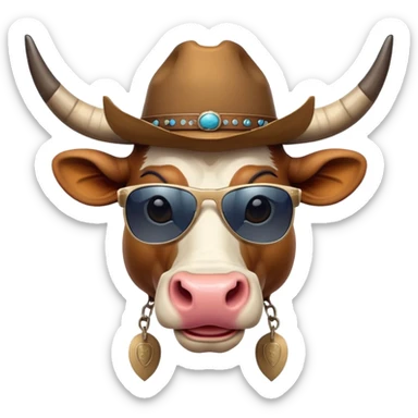 friendly anthropomorphised bull head with horns, wearing sunglasses and a cowboy hat sticker