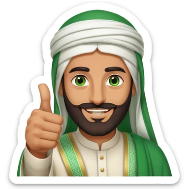 Tanned Arab Saudi man with green eyes and a beard, wearing traditional attire, smiling and giving a big thumbs-up sticker