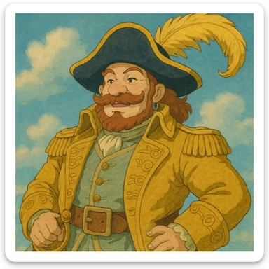 a pirate in a golden uniform and a hat with a golden feather, ghibli style sticker