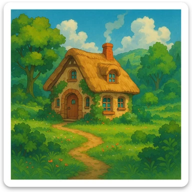 a cozy cottage in a magical landscape with lush greenery in Ghibli style sticker