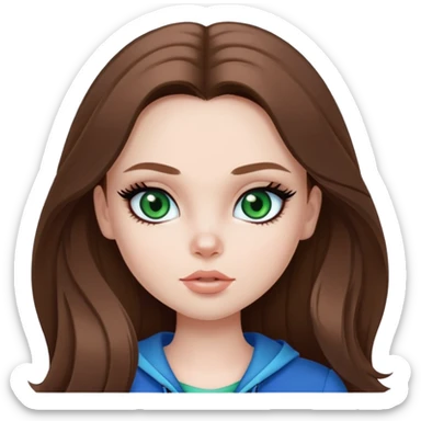 pretty bratz girl, long brown hair, green eyes, black eyeliner, pale skin, blue style sticker