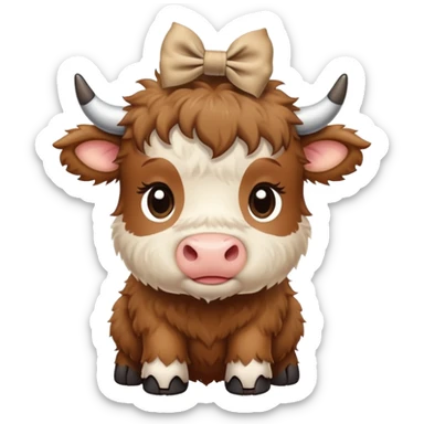 brown fluffy baby scottish cow with a small bow on head beige sticker