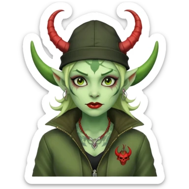 green girl demon with tattoos, hat, jacket and horns sticker