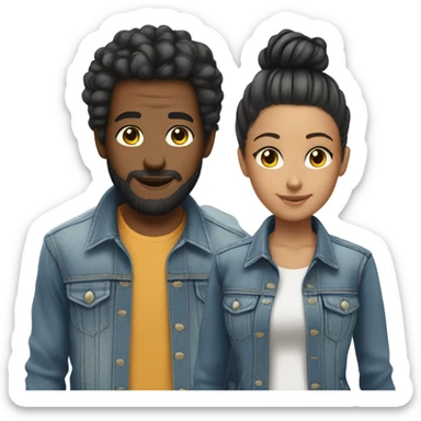 cool couple in denim jackets guy with man bun sticker