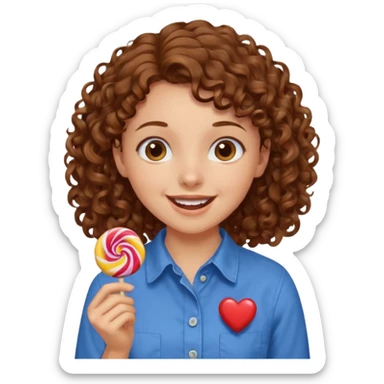 girl with brown curly hair in a blue button-up shirt loving candy excited sticker