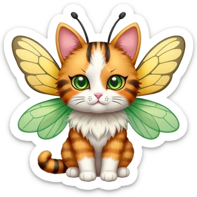 Calico Cat fluffy doll face full body with bee wings antennae green eyes sticker