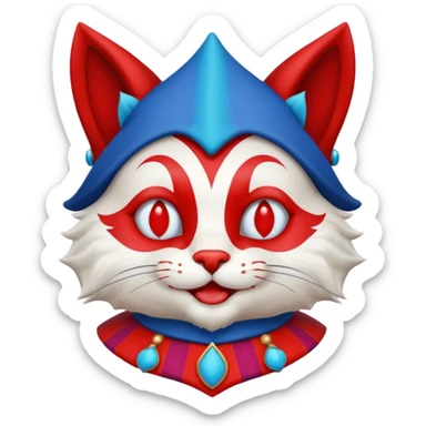 crazy colorful cute little cat jolly joker from poker, medieval, vintage, court jester, mac os icon, blue and red color, half body sticker
