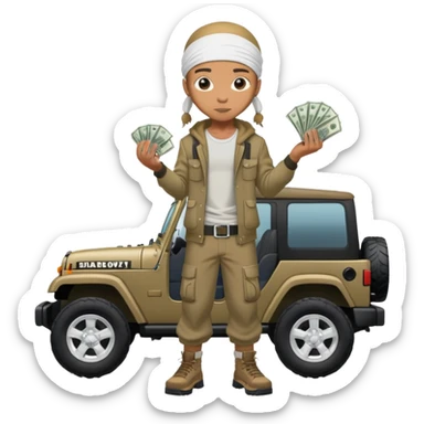 riley from boondocks holding money while standing ontop of a jeep  sticker