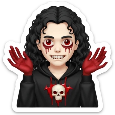 Vampire wearing a black hoodie with a skull logo on it, long curly hair that covers the forehead, fanged teeth and blood on hands sticker