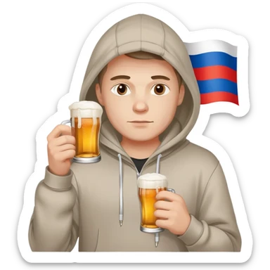 Russian man in a hoodie with russian flag holding a beer and a cigarette sticker