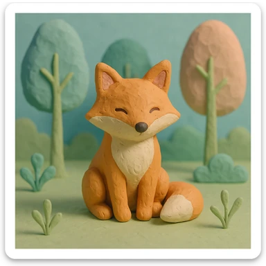 fox sitting in a forest, pastel colors, visible fingerprints, playful and textured, claymation style sticker